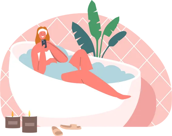 Fille utilisant un smartphone alors qu'elle était assise dans la baignoire  Illustration