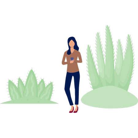 Fille utilisant un téléphone portable près d'une plante de cactus  Illustration