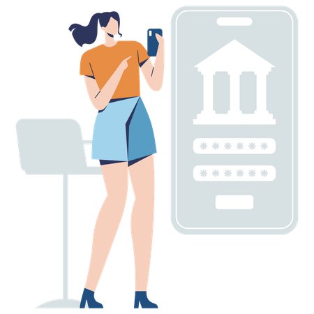 Fille utilisant une application bancaire mobile  Illustration