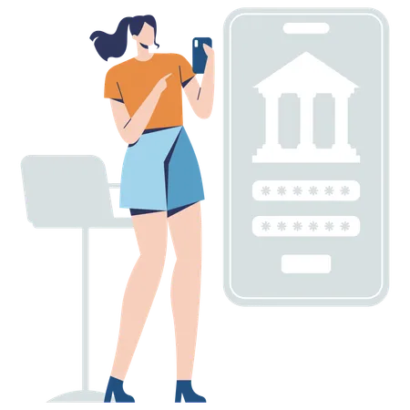 Fille utilisant une application bancaire mobile  Illustration