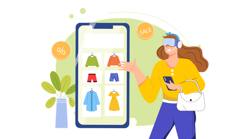 Fille utilisant une application mobile de commerce électronique pour acheter des vêtements  Illustration