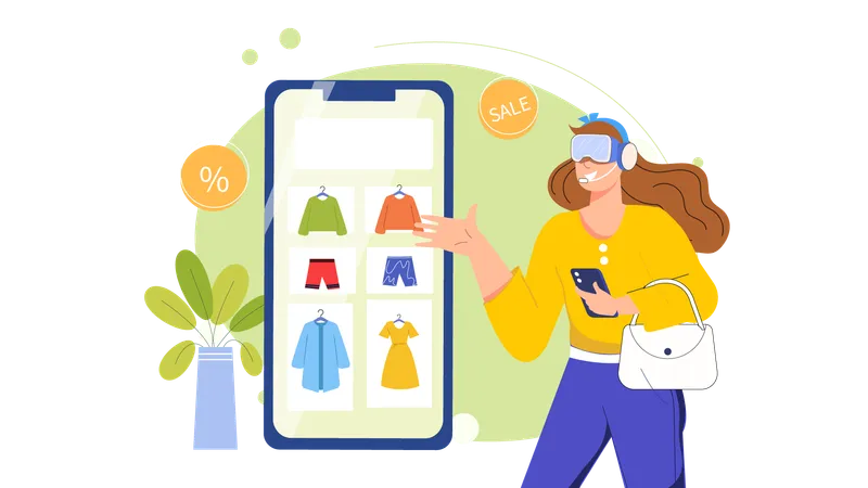 Fille utilisant une application mobile de commerce électronique pour acheter des vêtements  Illustration