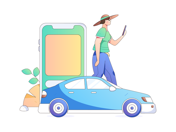 Fille utilisant une application de service de voiture trouver une voiture  Illustration