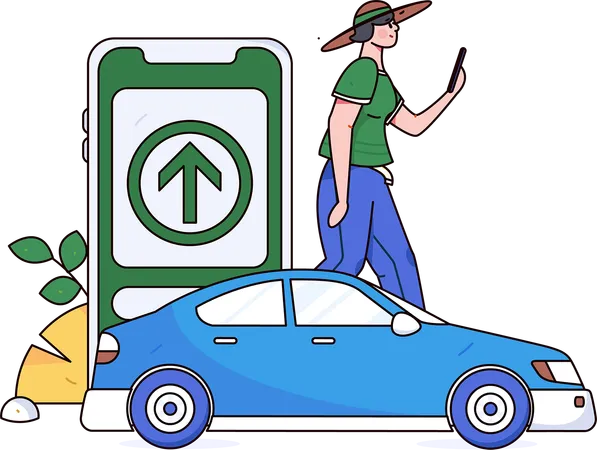 Fille utilisant une application de service de voiture trouver une voiture  Illustration