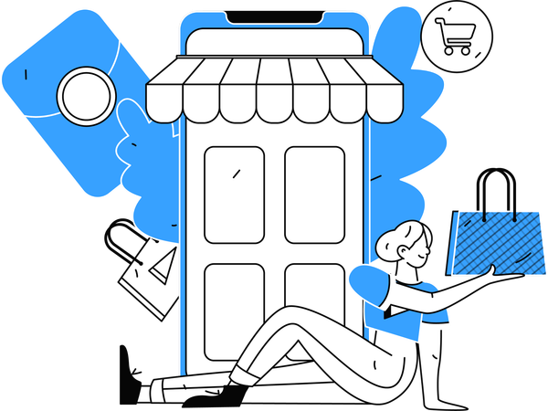 Fille utilisant une application d'achat faisant des achats en ligne  Illustration