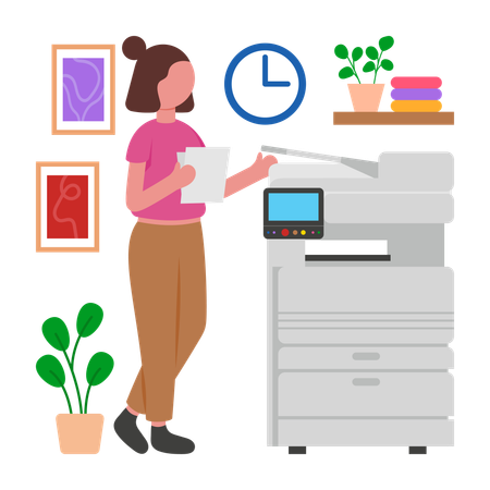 Fille utilisant une imprimante de bureau  Illustration