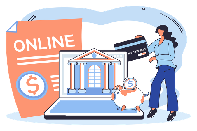 Fille utilisant une plateforme bancaire en ligne  Illustration