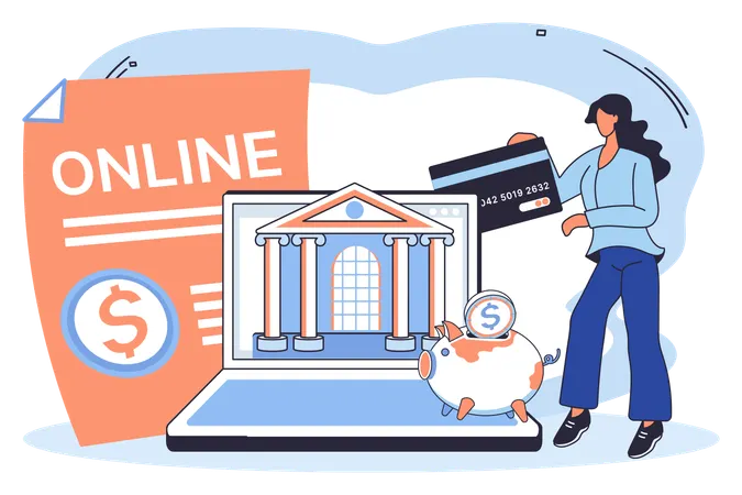 Fille utilisant une plateforme bancaire en ligne  Illustration