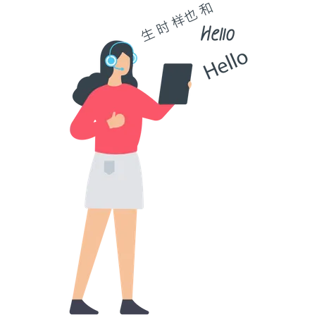 Une fille utilise la langue Traduire sur une tablette  Illustration