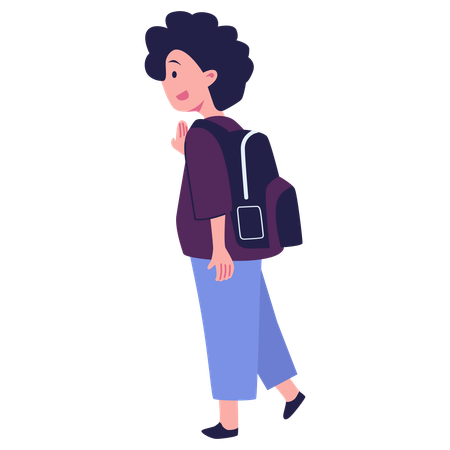 Fille va à l'école avec un sac d'école  Illustration