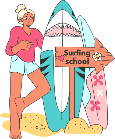 Fille qui va à l'école de surf  Illustration