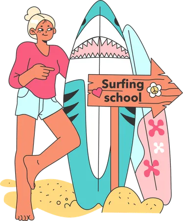 Fille qui va à l'école de surf  Illustration