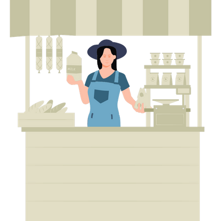 Fille vendant des produits à l'épicerie  Illustration