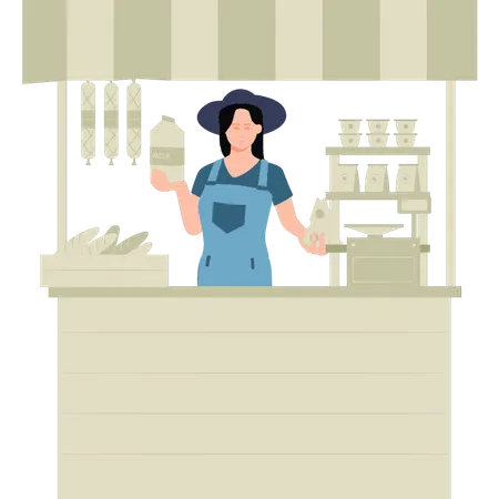 Fille vendant des produits à l'épicerie  Illustration