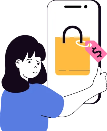 Fille vérifiant un produit en ligne  Illustration