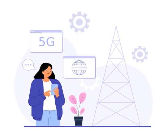 Fille vérifiant le réseau mobile 5G  Illustration