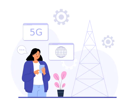 Fille vérifiant le réseau mobile 5G  Illustration