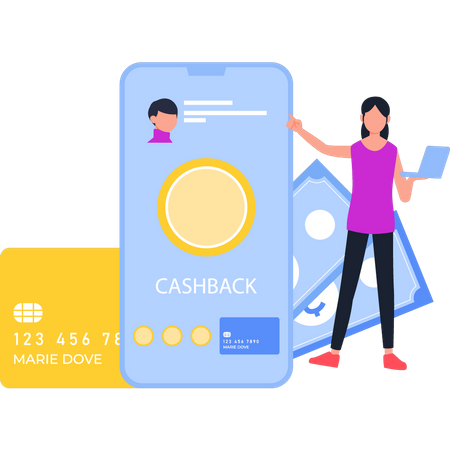 Fille vérifiant le cashback sur mobile  Illustration