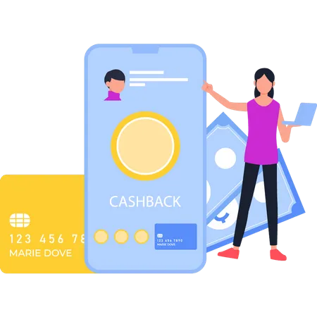 Fille vérifiant le cashback sur mobile  Illustration