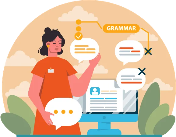 Fille vérifiant la grammaire dans son CV  Illustration