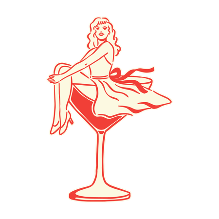 Fille vintage assise dans un verre à cocktail  Illustration