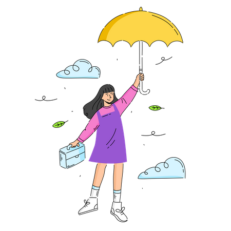 Fille volante tenant un parapluie  Illustration