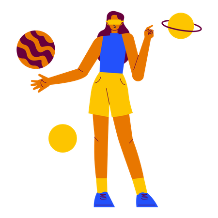 Fille voyant des planètes en utilisant du verre VR  Illustration