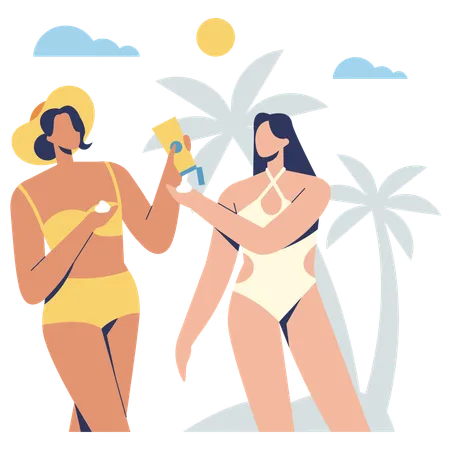 Filles appliquant une lotion solaire tout en profitant de la plage  Illustration