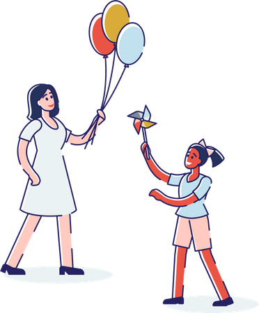 Filles avec des ballons à air et petite fille tenant des jouets de moulin à vent  Illustration