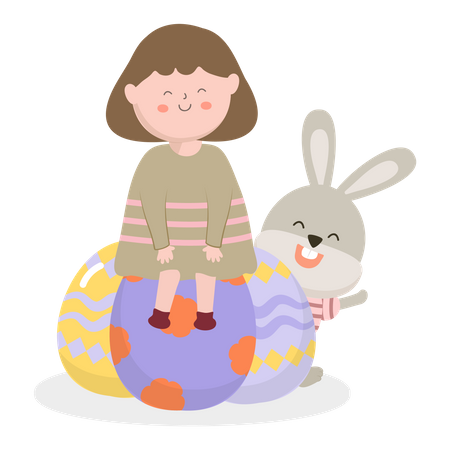 Filles avec un lapin drôle et de beaux œufs de Pâques  Illustration