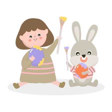 Filles avec un lapin drôle et un œuf de Pâques  Illustration