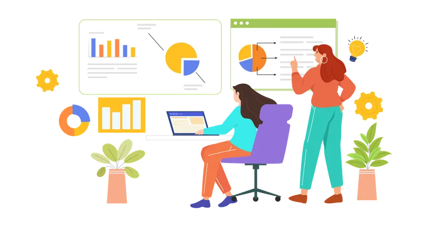 Des filles découvrent des idées commerciales tout en travaillant sur l'analyse commerciale  Illustration