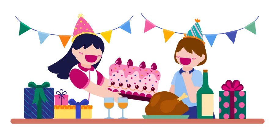 Filles célébrant leur anniversaire  Illustration