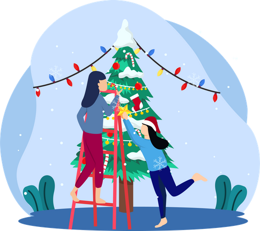 Filles décorant le sapin de Noël  Illustration