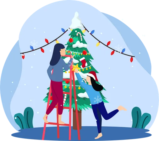 Filles décorant le sapin de Noël  Illustration