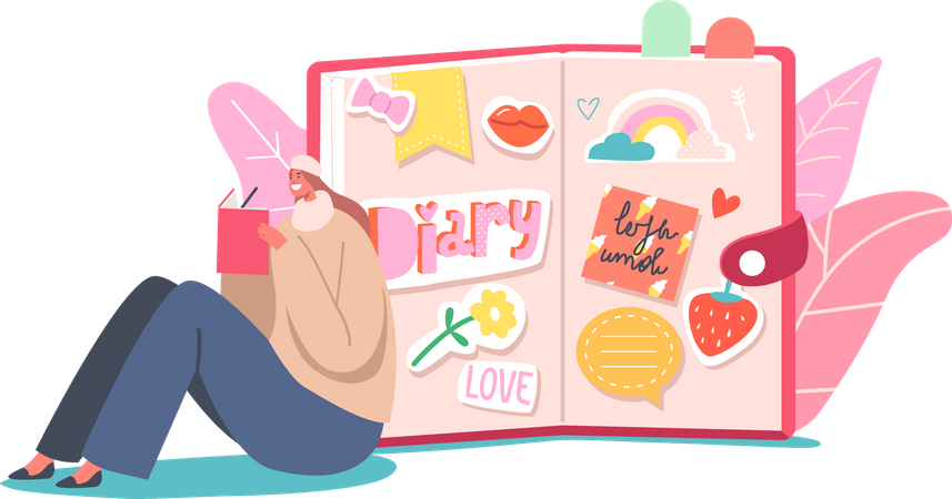 Filles écrivant des mémoires dans un joli cahier  Illustration