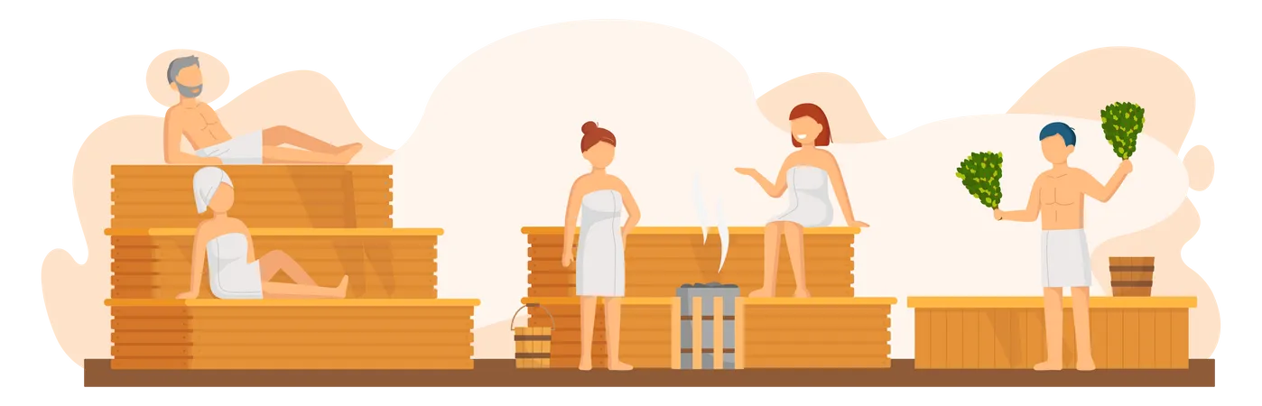 Filles et garçons fumant dans un sauna  Illustration