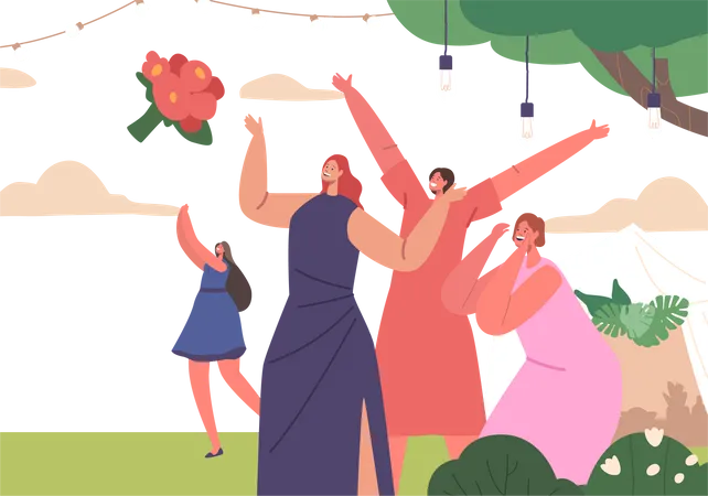 Des filles excitées attrapant avec impatience le bouquet de mariage  Illustration