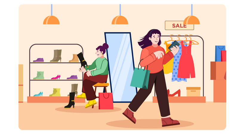 Filles faisant du shopping en magasin  Illustration