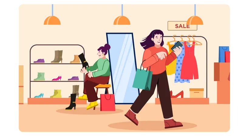 Filles faisant du shopping en magasin  Illustration