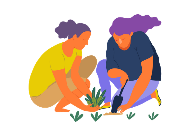 Filles jardinant  Illustration