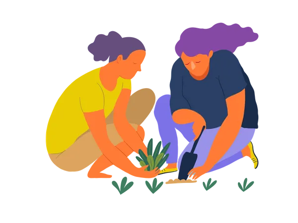 Filles jardinant  Illustration