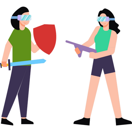 Filles jouant à un jeu avec des lunettes VR  Illustration