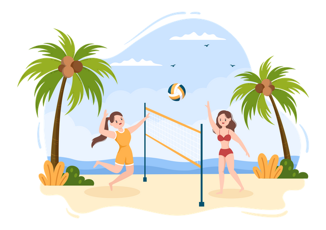 Filles jouant au volley-ball sur la plage  Illustration