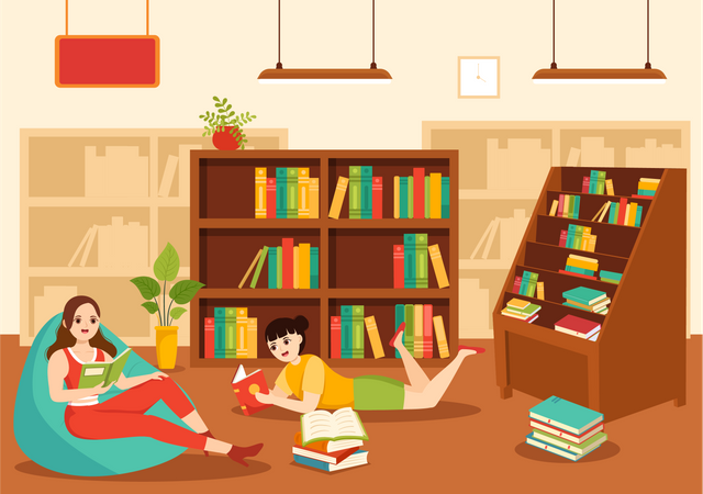 Filles lisant un livre dans la bibliothèque  Illustration