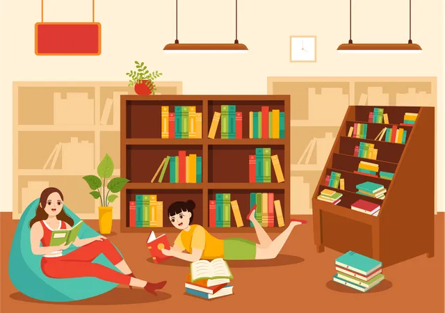 Filles lisant un livre dans la bibliothèque  Illustration