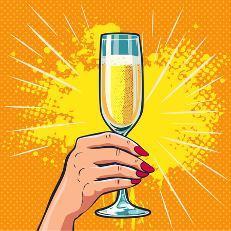 Main de fille tenant un verre de champagne  Illustration