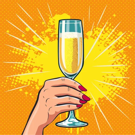 Main de fille tenant un verre de champagne  Illustration