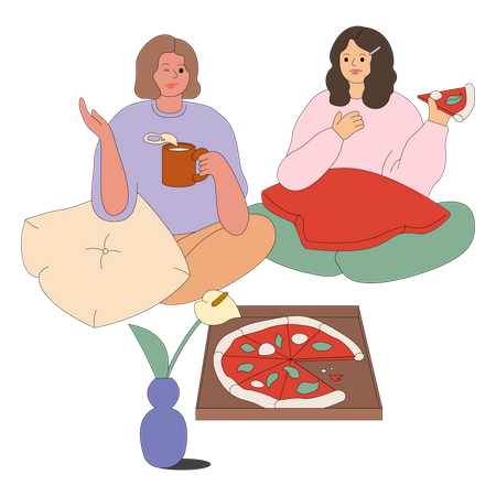 Filles mangeant de la pizza  Illustration