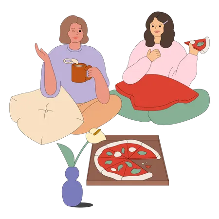 Filles mangeant de la pizza  Illustration